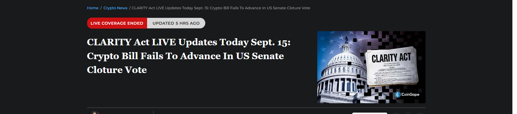 Clarity Act crypto PR coverage of the failed Senate cloture vote