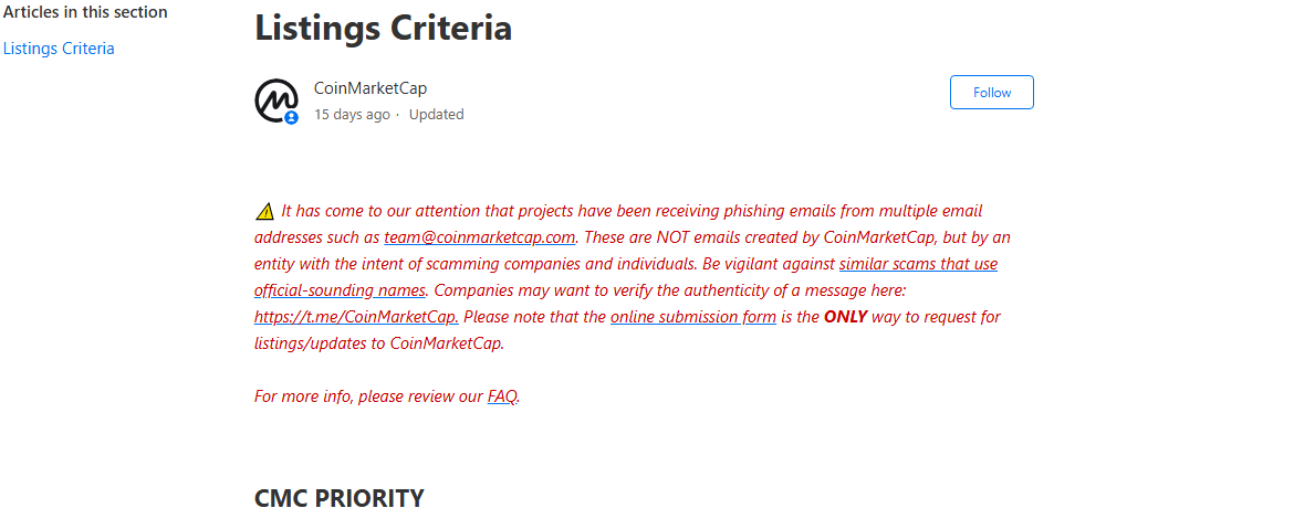 CoinMarketCap listing criteria page with phishing warning