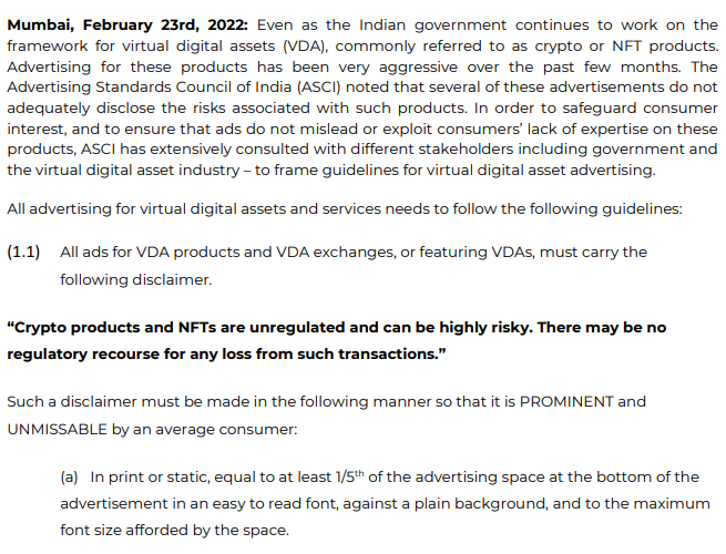 ASCI press release on guidelines for advertising virtual digital assets with the required disclaimer