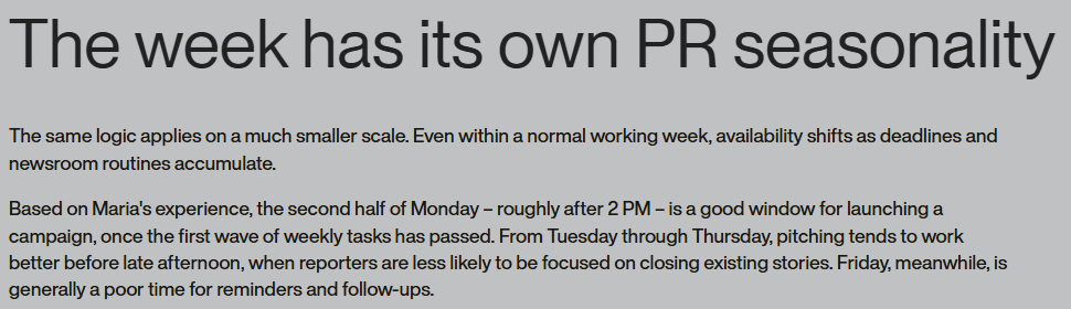 Outset PR article section on weekly PR seasonality