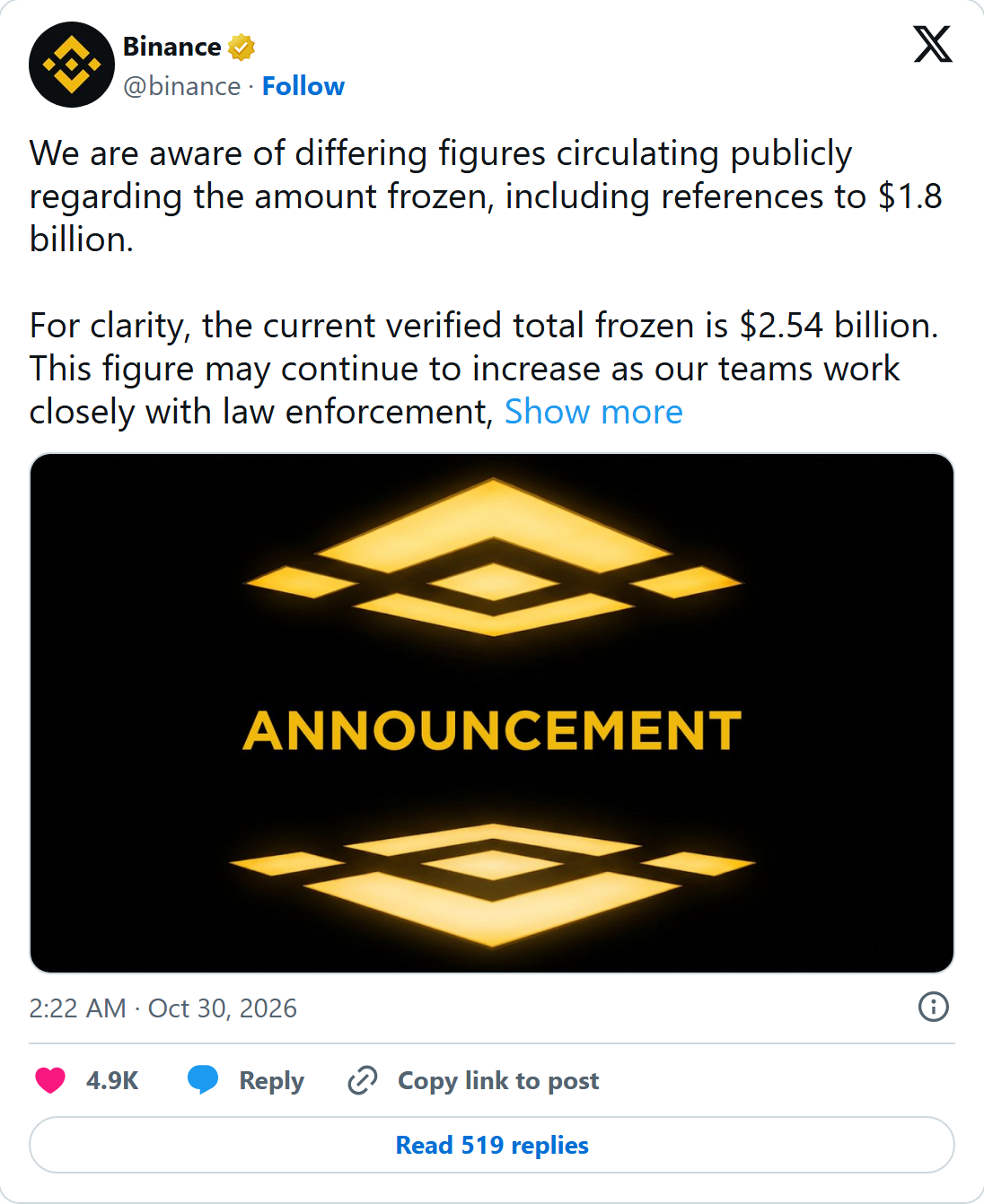 Binance X post correcting the frozen amount from 1.8 billion to a verified 2.54 billion dollars
