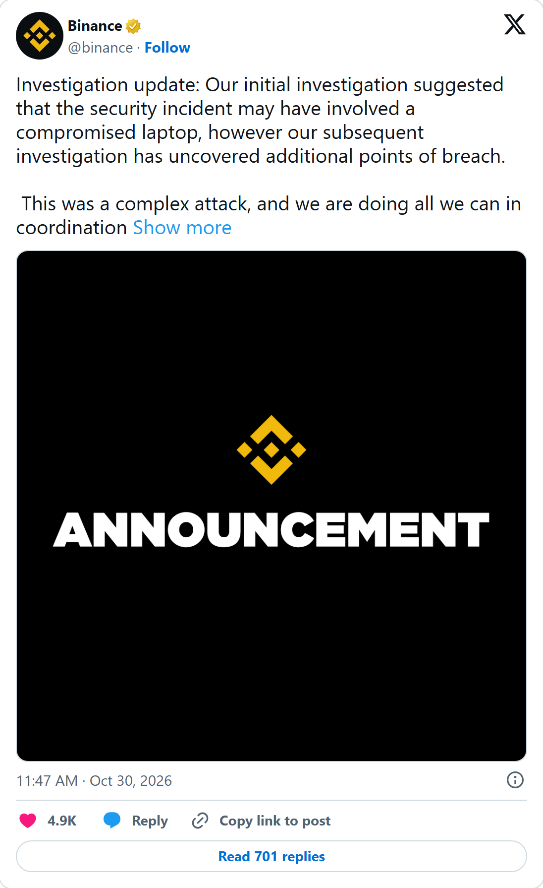 Binance X post saying the investigation uncovered additional points of breach and calling it a complex attack