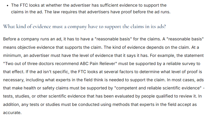 FTC guidance on the evidence needed to support advertising claims