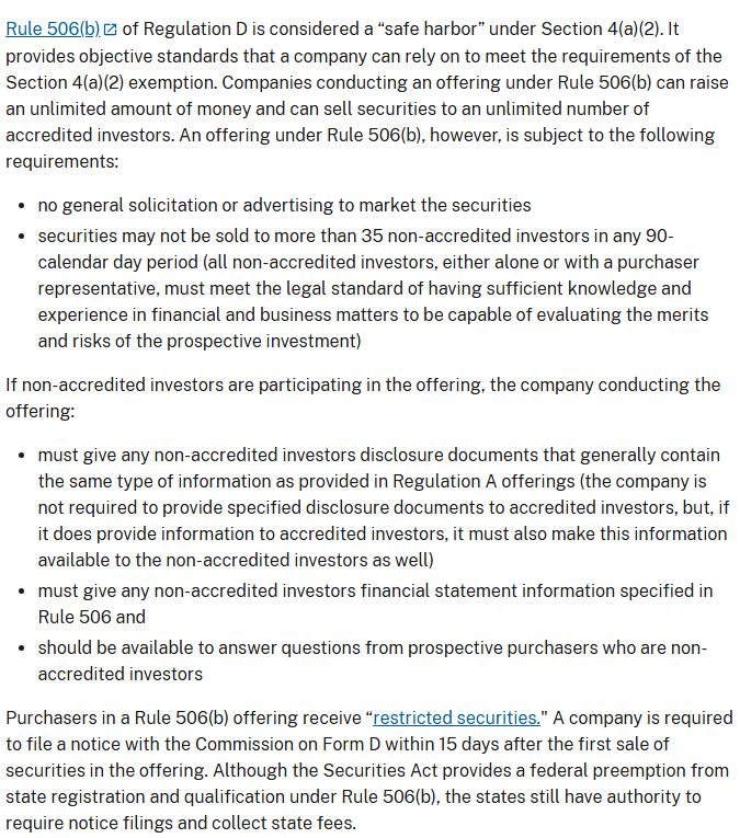 SEC page on Rule 506(b) private placements