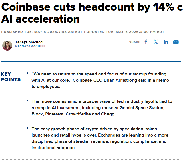 CNBC article on Coinbase cutting 14% of its workforce citing AI