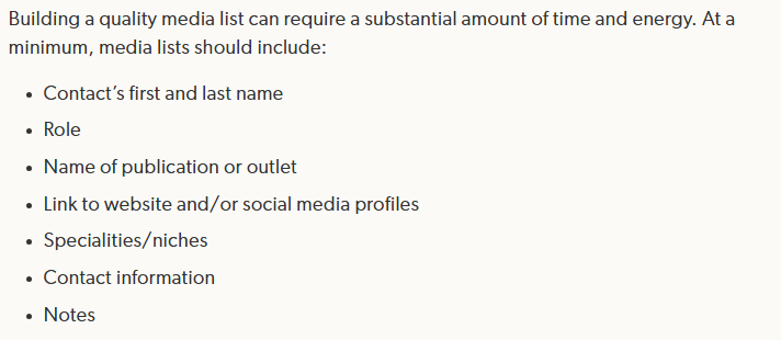 Muck Rack guide listing the minimum fields in a media list