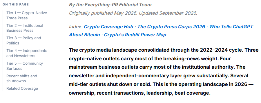 Everything-PR crypto media landscape page listing five media tiers