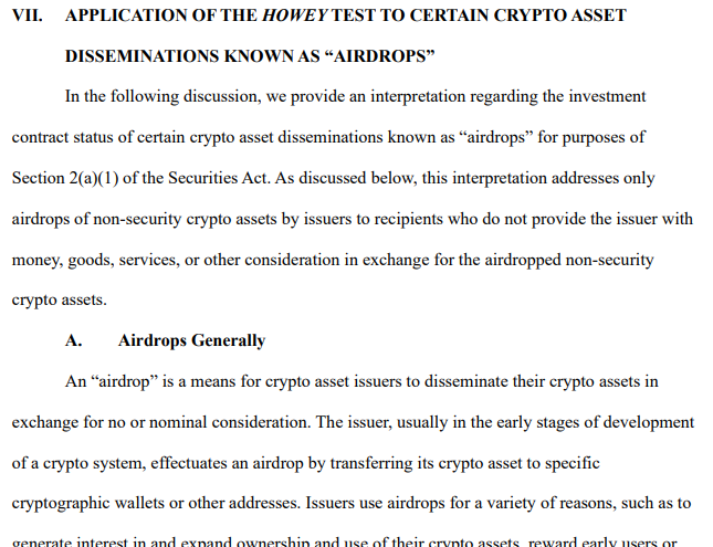 SEC interpretive release section on airdrops of non-security crypto assets
