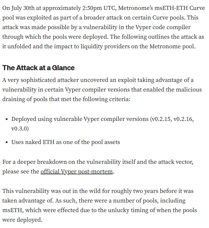 MetronomeDAO post-mortem opening with a UTC timestamp and a section called The Attack at a Glance