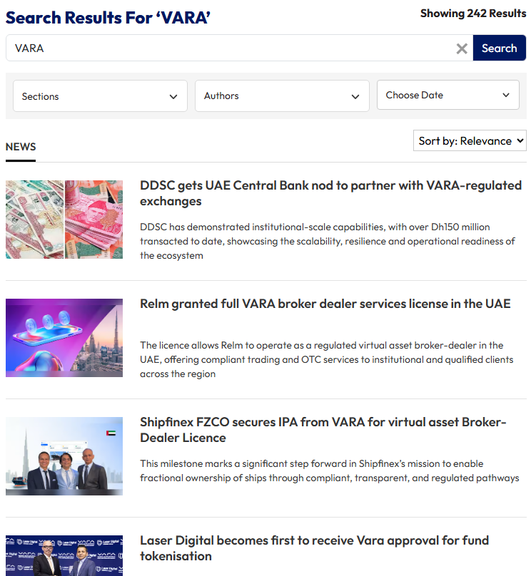 Khaleej Times search results for VARA showing licence and approval stories