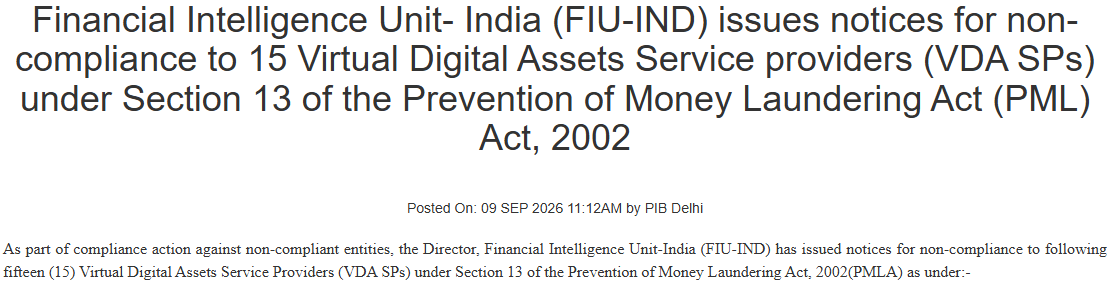 PIB release on FIU-IND notices to virtual digital asset service providers