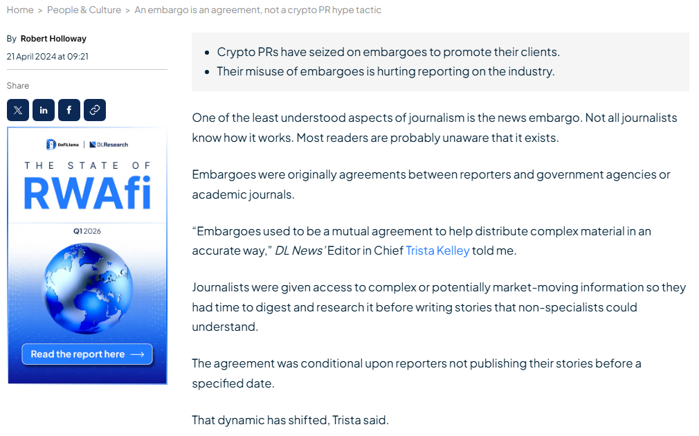 DL News column arguing an embargo is an agreement, not a crypto PR hype tactic