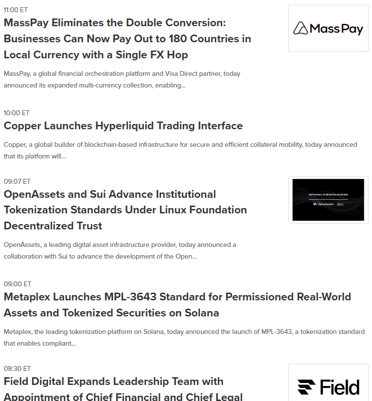 PR Newswire cryptocurrency news list showing release headlines