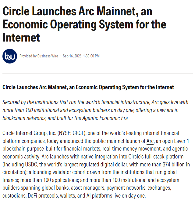 Circle's press release announcing the public mainnet launch of Arc