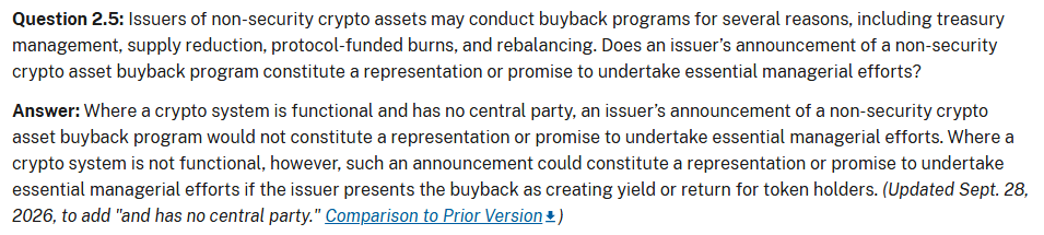 SEC staff FAQ question 2.5 on crypto asset buyback announcements